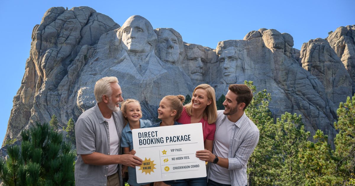 Smiling multigenerational family standing in front of a Mount Rushmore Tours bus, holding a direct booking itinerary and VIP pass, with Black Hills scenery in the background—capturing the added value and personal experience of booking directly.