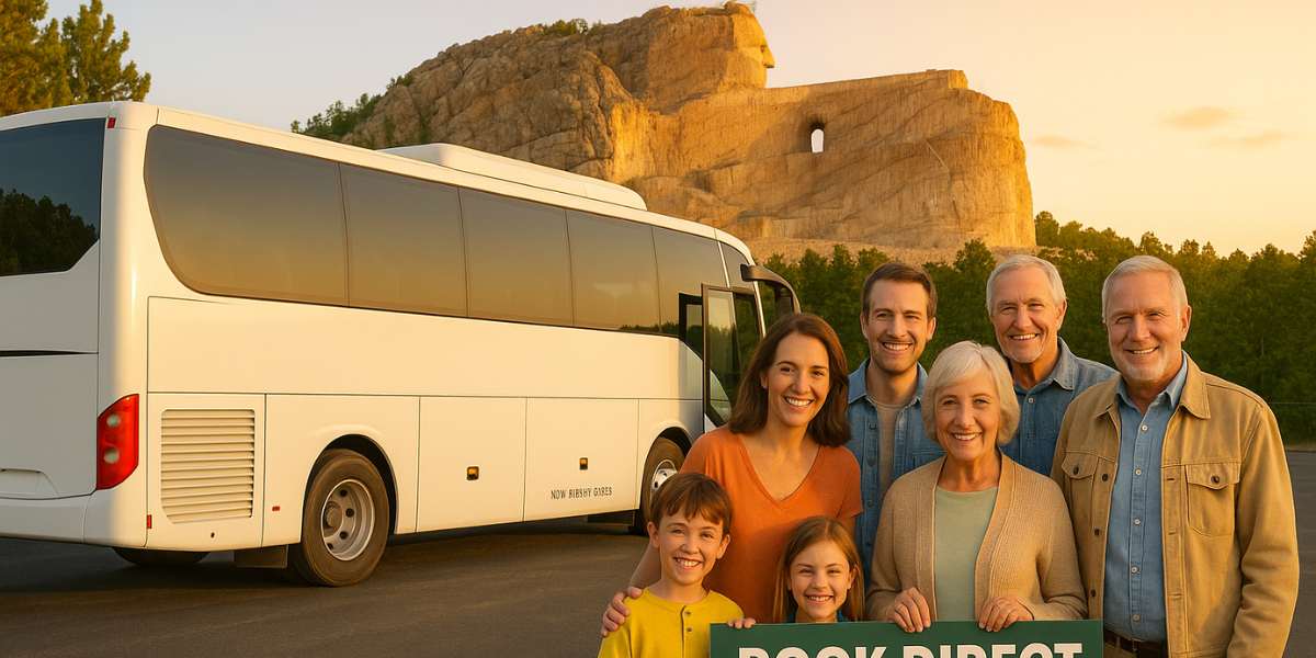 Smiling multigenerational family boarding a Mount Rushmore Tours bus at Crazy Horse Monument in the Black Hills, showcasing the benefits of booking direct.