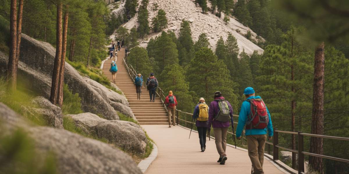 Hikers walking along the Presidential Trail with a forested view of Mount Rushmore above, highlighting a must-see stop during a day trip.