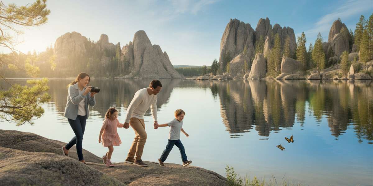 Smiling family at the edge of Sylvan Lake with scenic rock formations and clear reflections, enjoying a peaceful stop on their Mount Rushmore day trip.